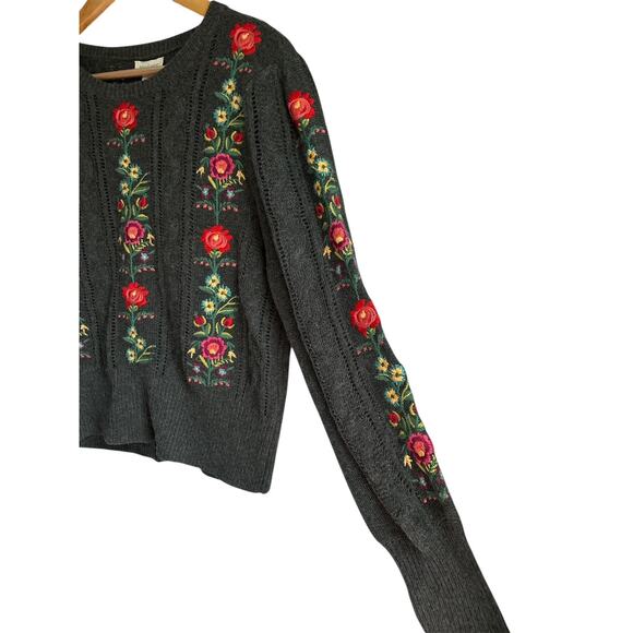 Sundance Medium Cashmere Wool Blend Boho Floral Cable Knit Embroidered Sweater - Picture 4 of 8